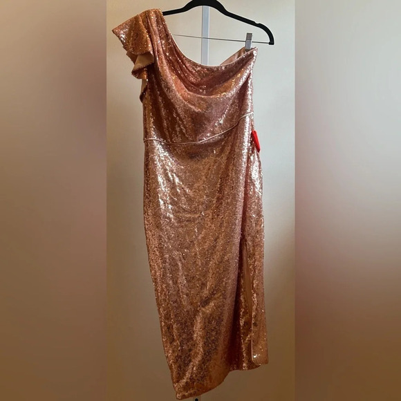 NWOT Mac Duggal Sequined Flutter One Shoulder Fitted Midi Dress Size 10 Copper - Picture 5 of 7